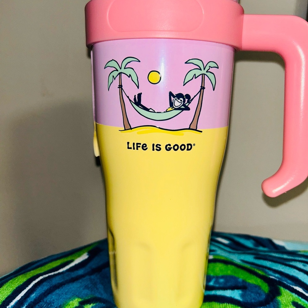 NWT Corkcicle Yellow and Pink Travel Mug “ Life Is Good “ ✅✅